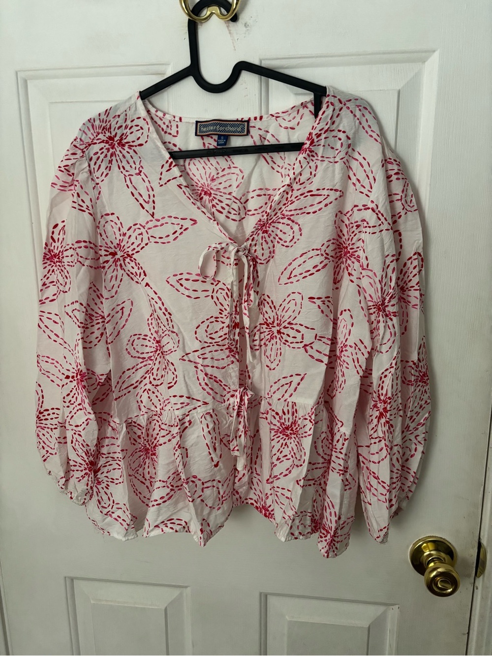 Bohemian White Blouse with Red Floral Stitching